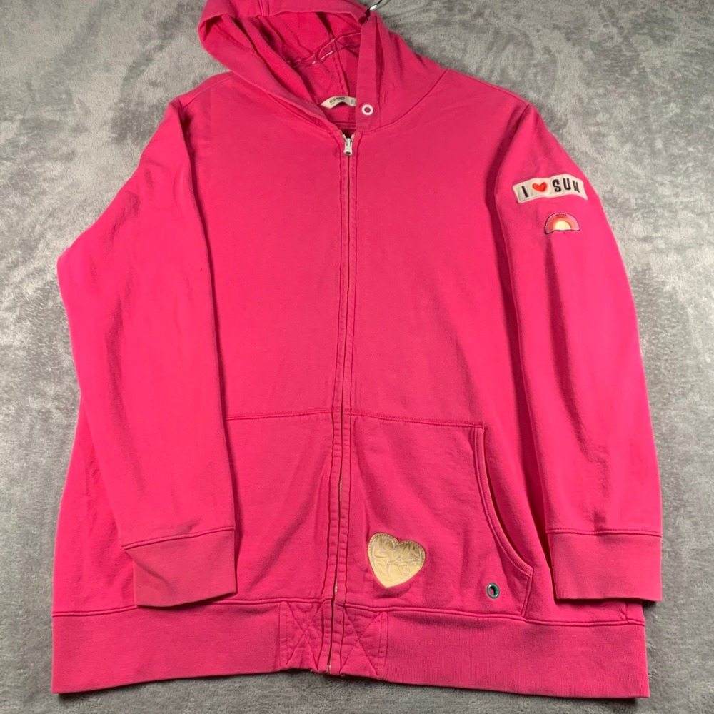 Retro Y2K Hot Pink Hoodie XL Zip Up Embroidered Rainbow Heart Graphic Sweatshirt